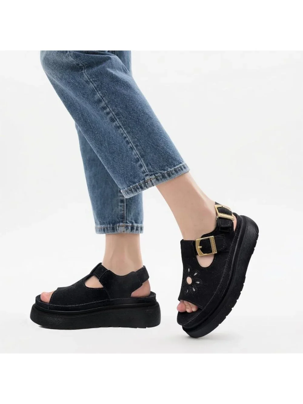 Women's Black Suede Open Toe Flower Decoration Fisherman Platform Sandal Shoes